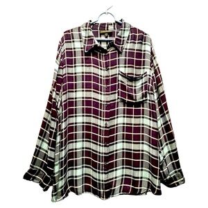 Lane Bryant  Womens Teal/Navy Plaid Popover Roll Tab Sleeve Button Down 22/24